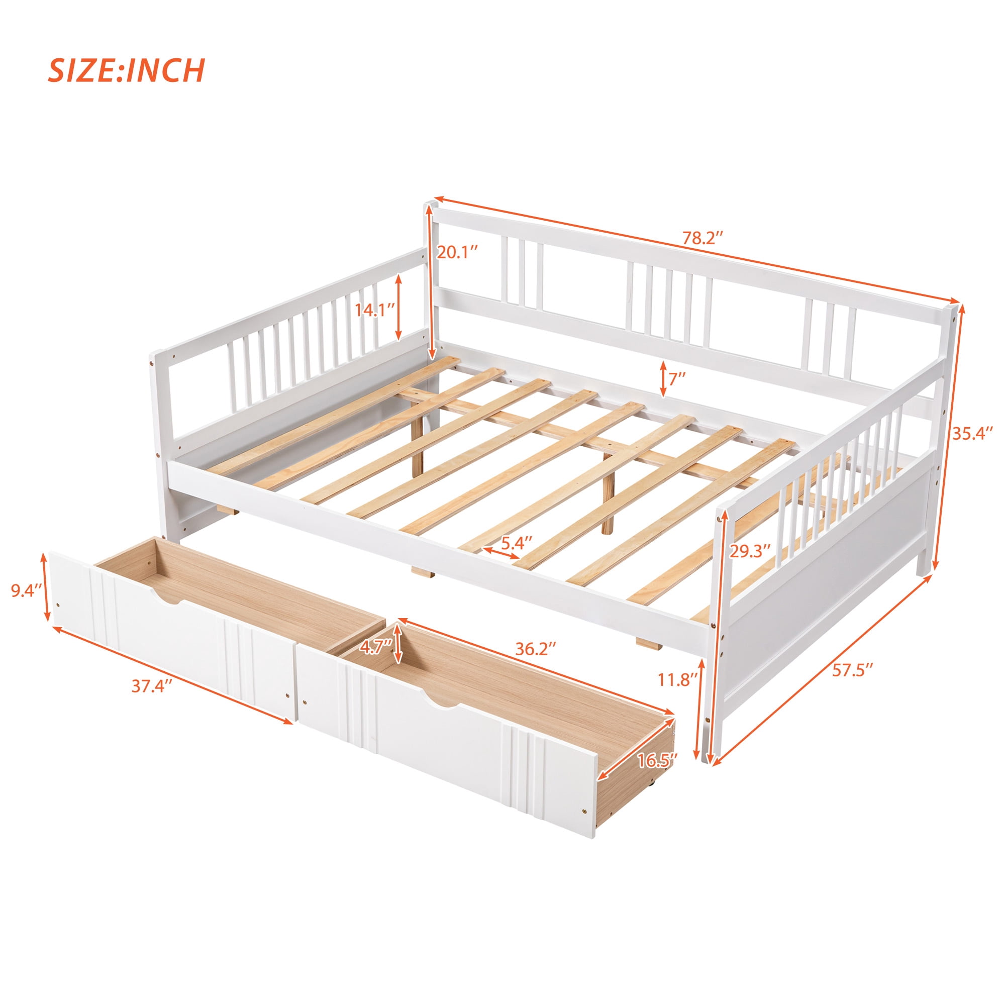 Gewnee Full Size Wood Daybed with Two Storage Drawers for Kid's Bedroom, White