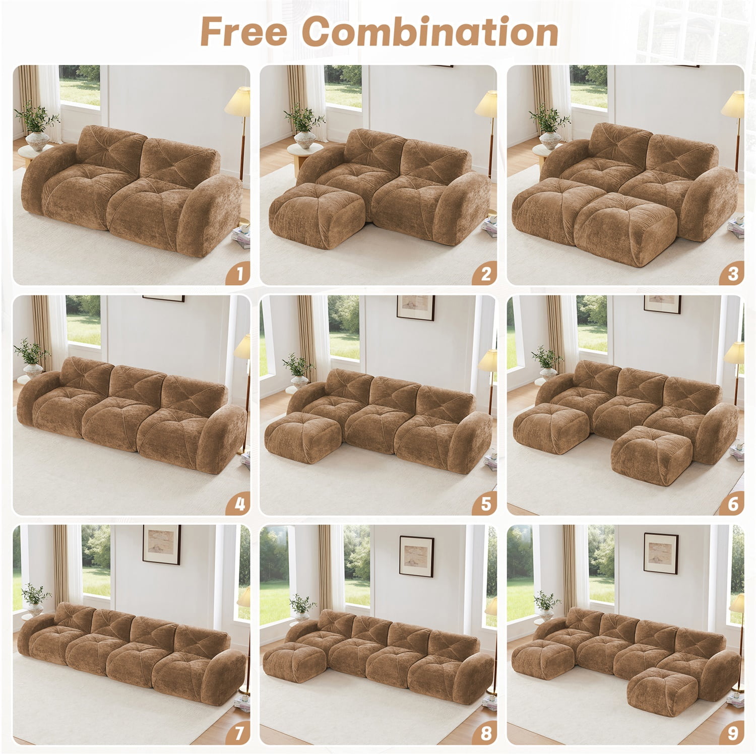 Hommoo 110" Boneless Sofa With Tufted, Luxruious Velvet Fabric Modular Sectional Sofa Couches, for Living Room Apartment, Camel
