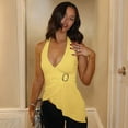thumbnail image 4 of Halter Tops for Women V Neck Tie Halter Backless Top Sleeveless Wrap Top Ruffle Asymmetrical Halter Tops Yellow S, 4 of 9