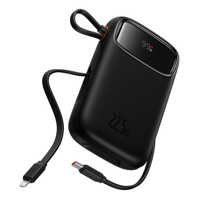 Power Bank 22.5W 10000 mAh Baseus Qpow2 Cable iOS y USB-C, Puerto USB y USB C (Negro)