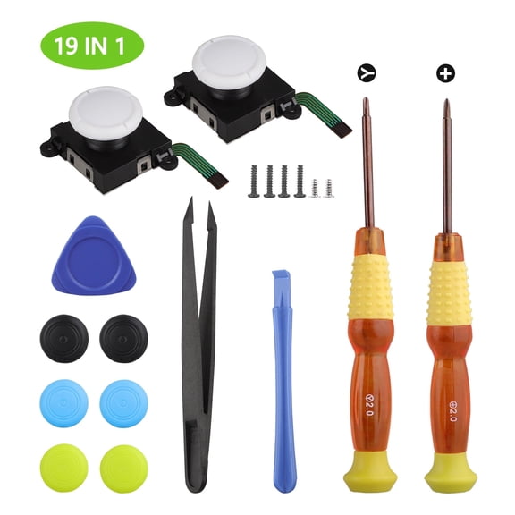 TSV 3D Analog Joystick Replacement, 19-in-1 Left Right Controller Repair Tool Set with 2 Joysticks, Screwdrivers, Thumb Caps, Pry