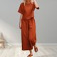 thumbnail image 5 of Pantalones Top básico de lino Pantalones recortados Cuello redondo Color sólido Manga corta Traje de vacaciones Cgtredaw Naranja T M para Mujer, 5 of 7