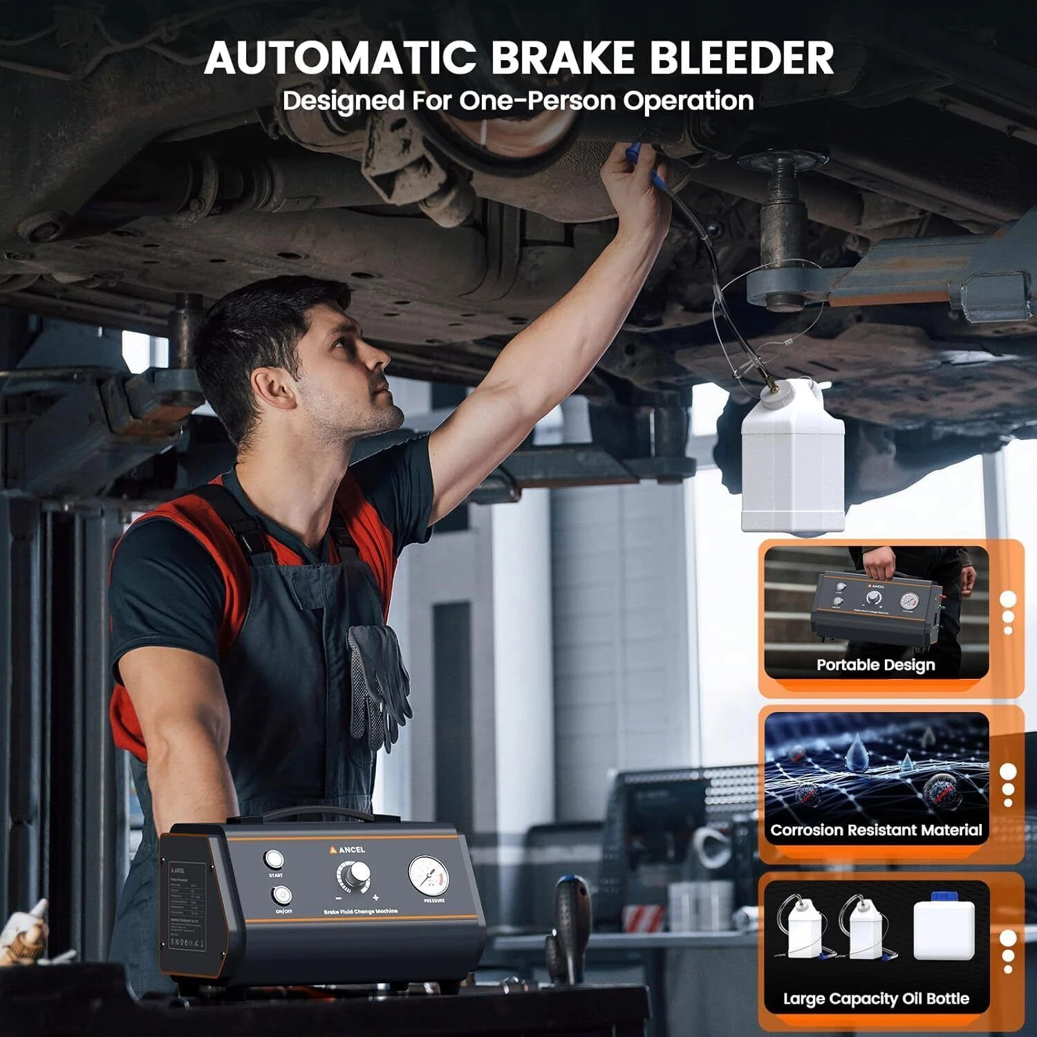 ANCEL Car Brake Fluid Bleeder, Electric Brake Fluid Oil Exchange Pressure Pump, Auto Vacuum Adjustable Pressure Pump Bleeding Machine Kit with Low Fluid Protection & External Fuse