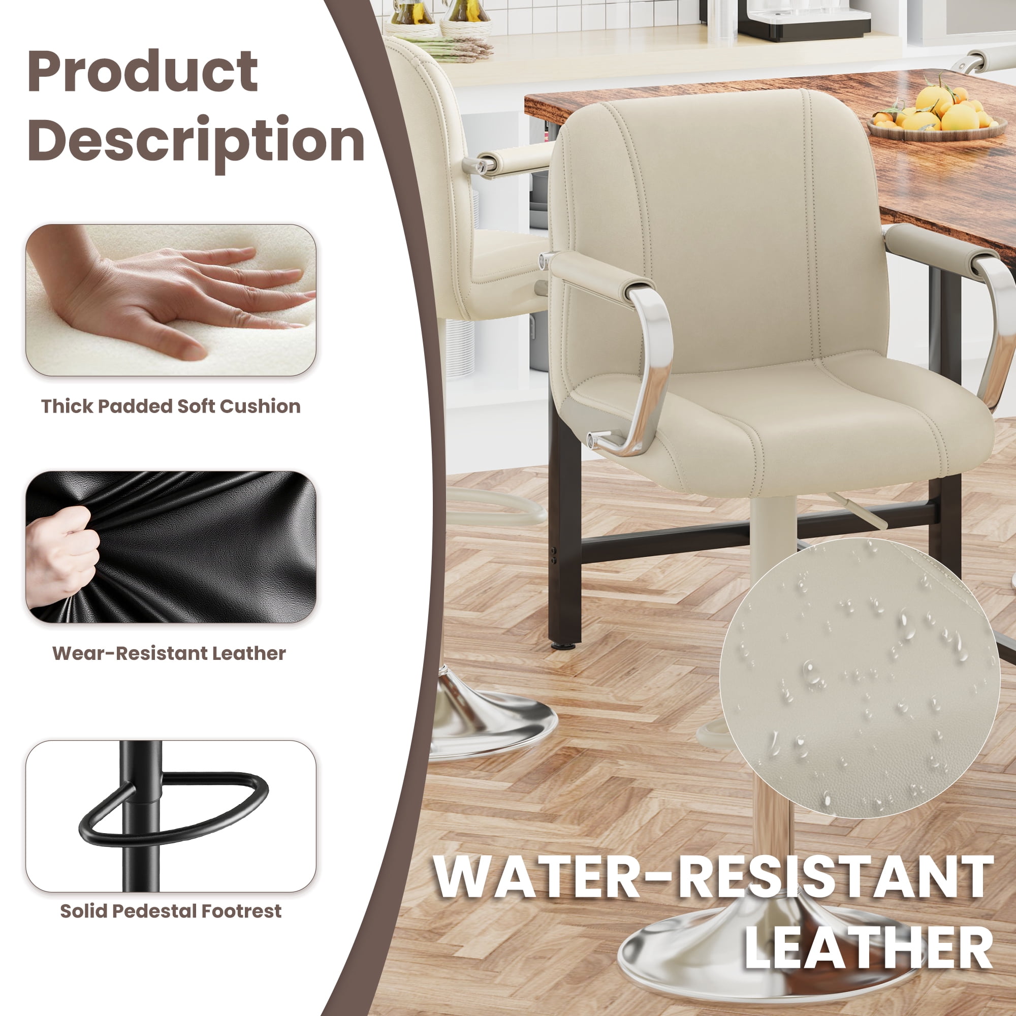 AFO Modern PU Leather Bar Stool with Backrest and Armrests, Height Adjustable 360° Swivel Counter Chair, Black