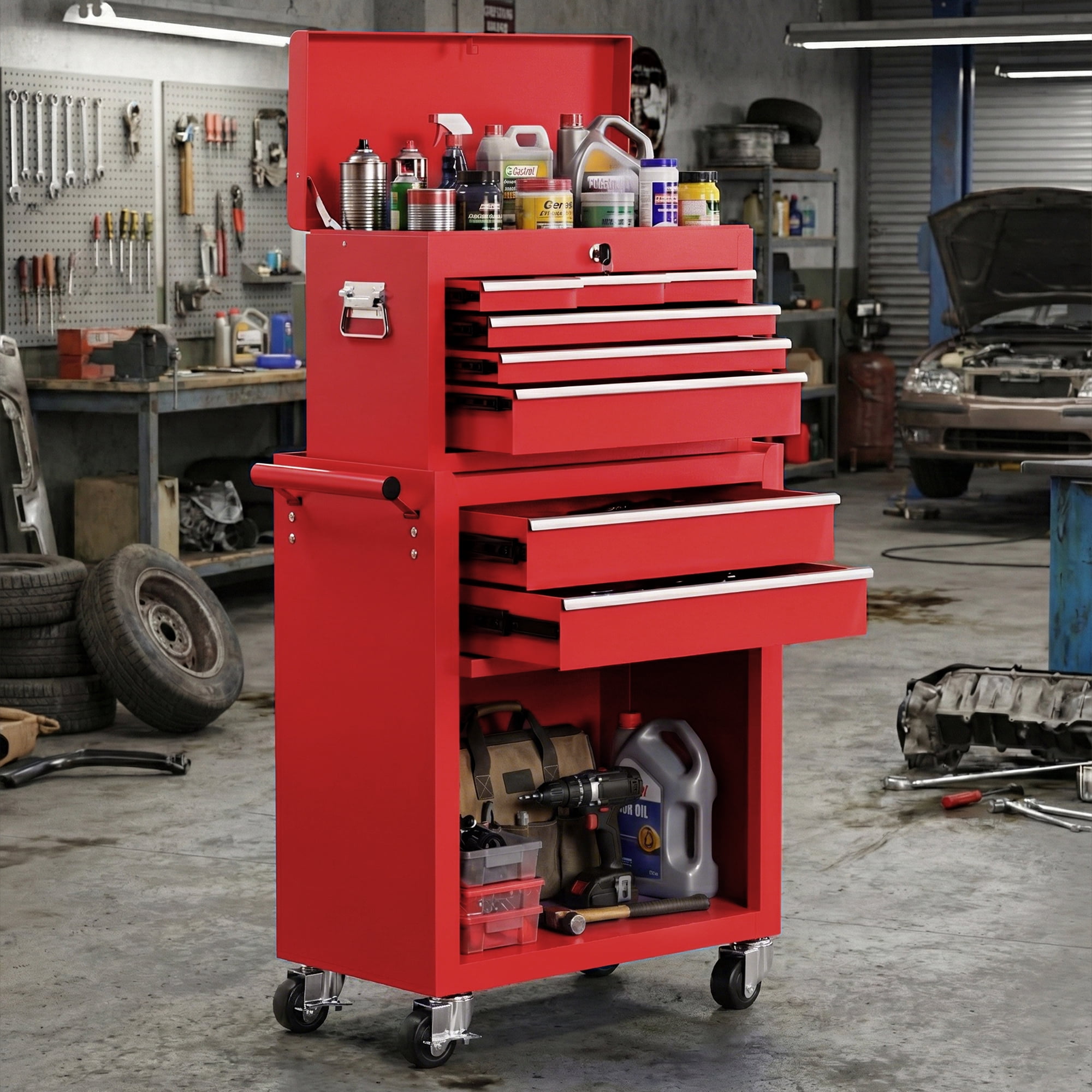 8-Drawer Rolling Tool Chest and Cabinet, Stainless Steel Tool Box with Brake Wheels and 8 Drawers, Orange Detachable Tool Cart