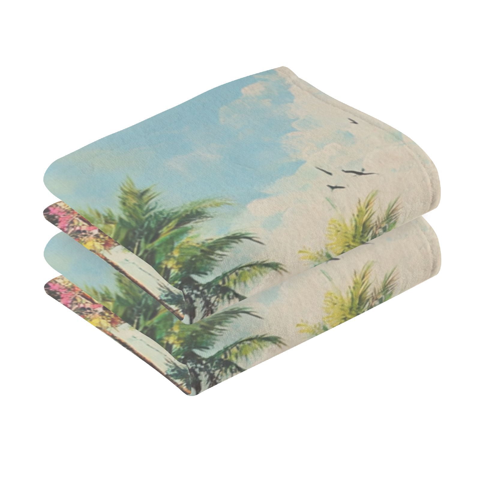 Watercolor Paradise Island Hand Towels Cotton Bath Towels Large Face Towels Absorbent for Bathroom 2 Packs