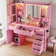 iPormis Vanity Desk with Mirror and Lights, Glass Top Makeup Vanity with RGB Light and Charging Station for Girls ,Pink