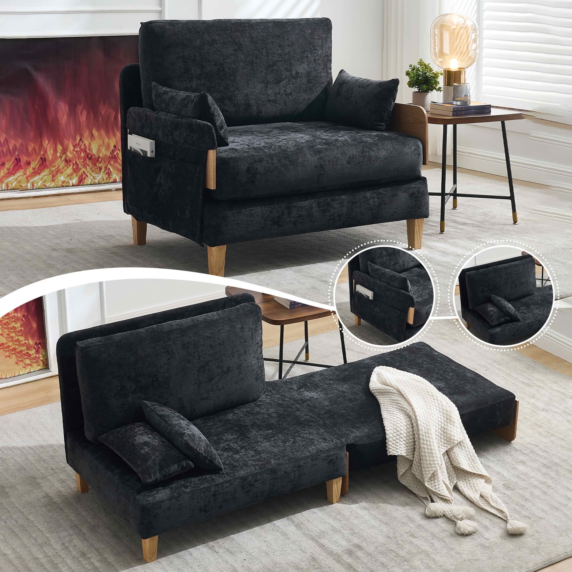 MAYEERTY Mid-Century 3-in-1 Sofa Bed, Foldable Convertible Sleeper Couch with Pillows for Small Bedroom & Apartment