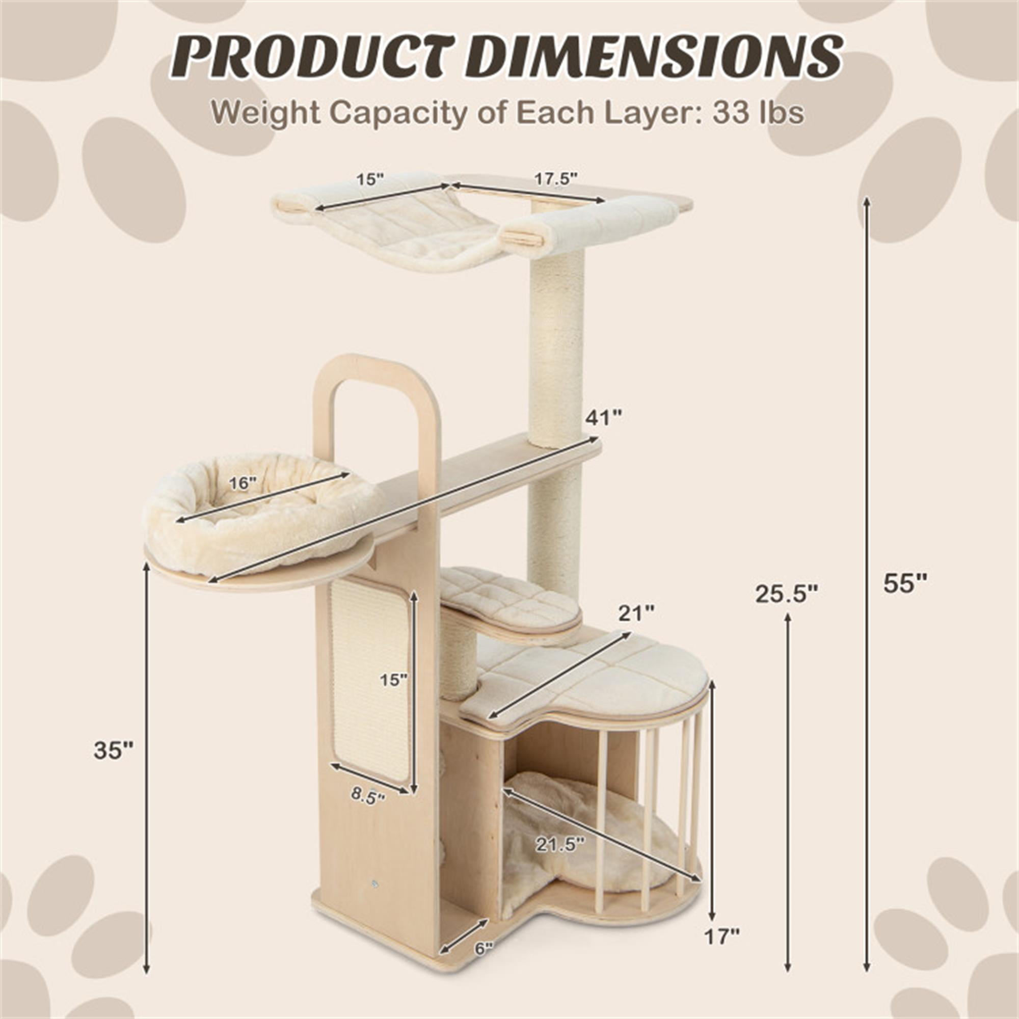 Kadyn 55" Wood Cat Tree Tower for Indoor Cats with Scratching Posts Washable Detachable Cushion, Modern Cat Condo Furniture for Large Cat, Beige