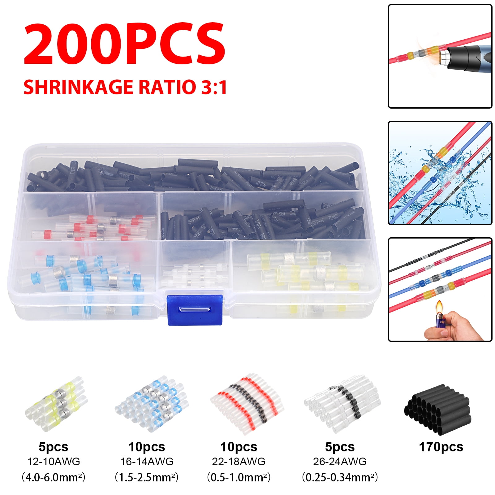 200x Heat Shrink Solder Sleeve Kit Electric Waterproof Seal Wire Butt Connector