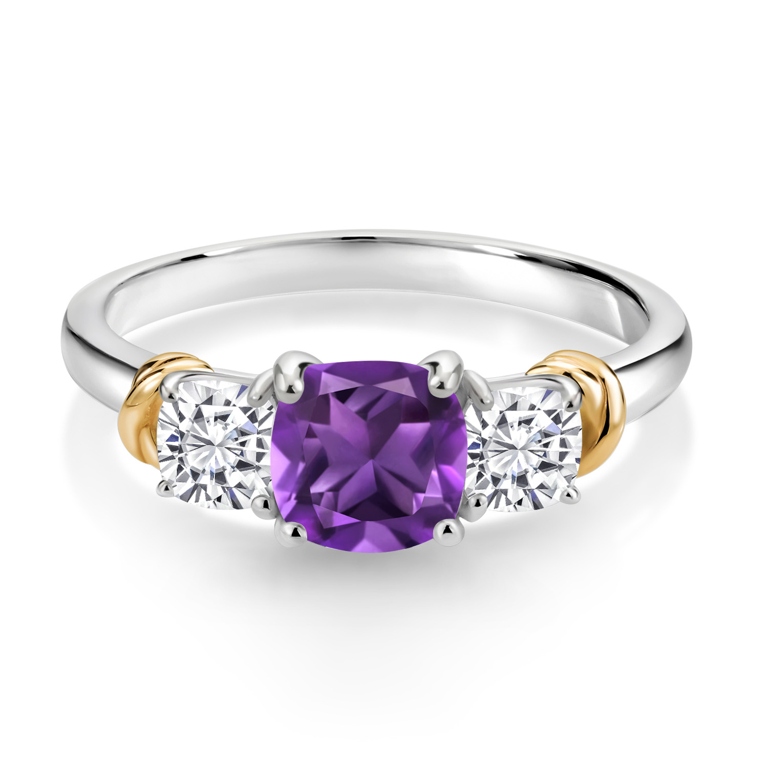 Gem Stone King 925 Sterling Silver and 10K Yellow Gold Purple Amethyst and White Moissanite 3 Stone Engagement Ring for Women (1.61 Cttw, Cushion Cut 6MM and 4MM, Available in Size 5, 6, 7, 8, 9)