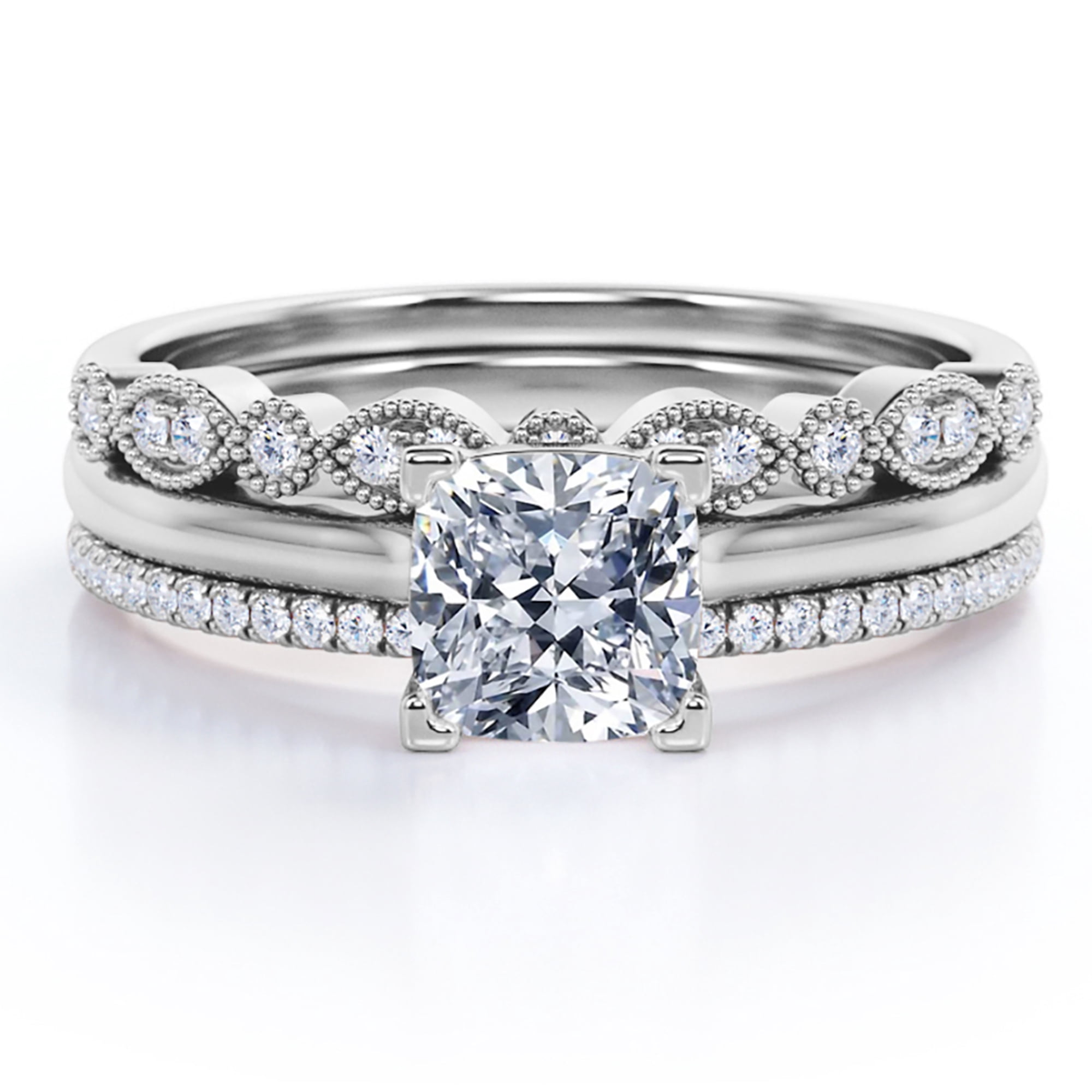 JeenMata Art Deco Milgrain Filigree - 2.25 Carat Cushion Cut - 4 Prong Pave Set - Solitaire Engagement Ring - Trio Wedding Ring Set - 18K White Gold Plating over Silver