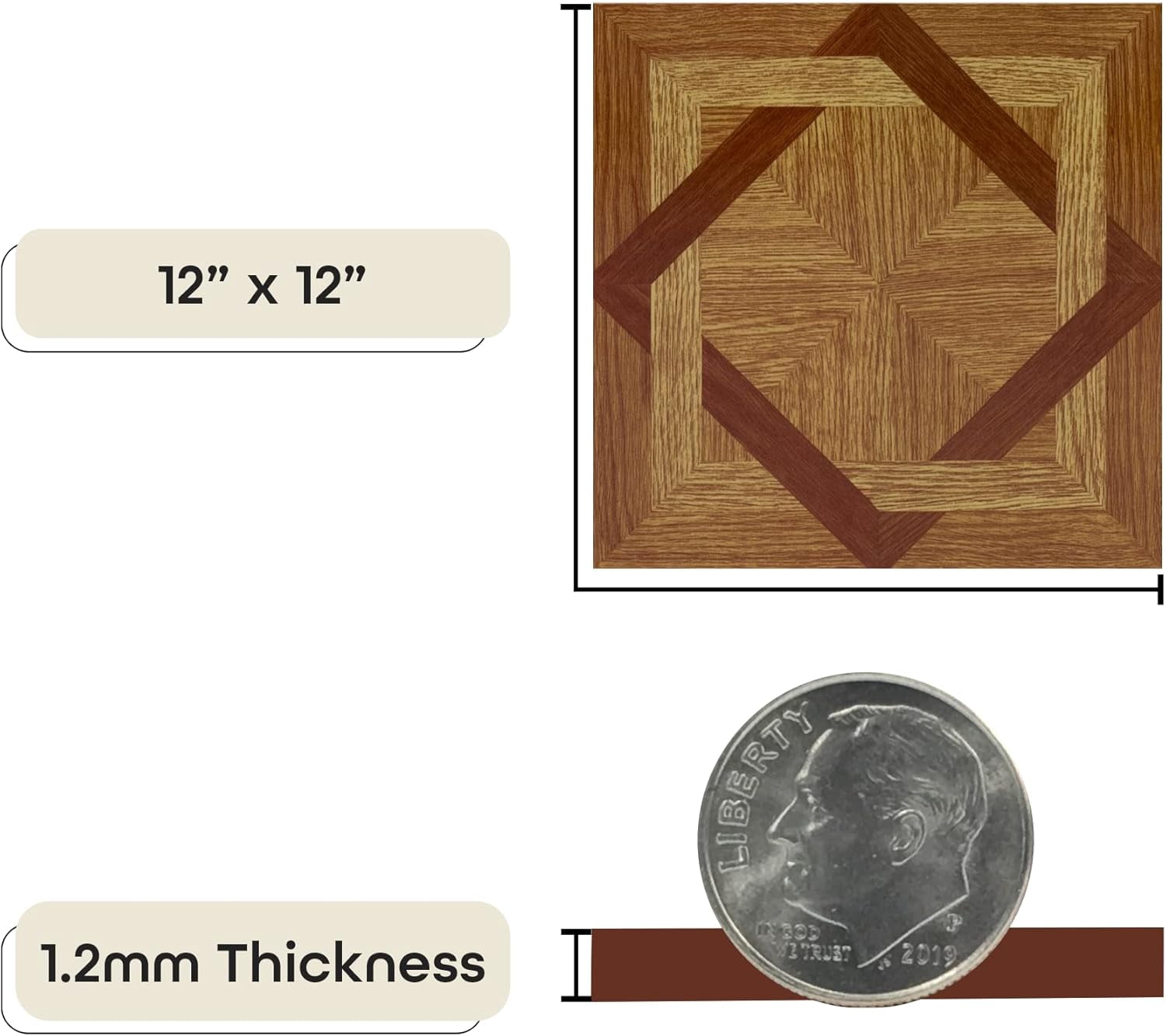 Tivoli Self Adhesive 45 Pcs Vinyl Floor Tiles, 12 x 12 inches Peel and Stick Floor Tile Stickers, Flooring Tiles for Kitchen, Dining, Bedroom, Living Room, Bathroom - Wood Diamond