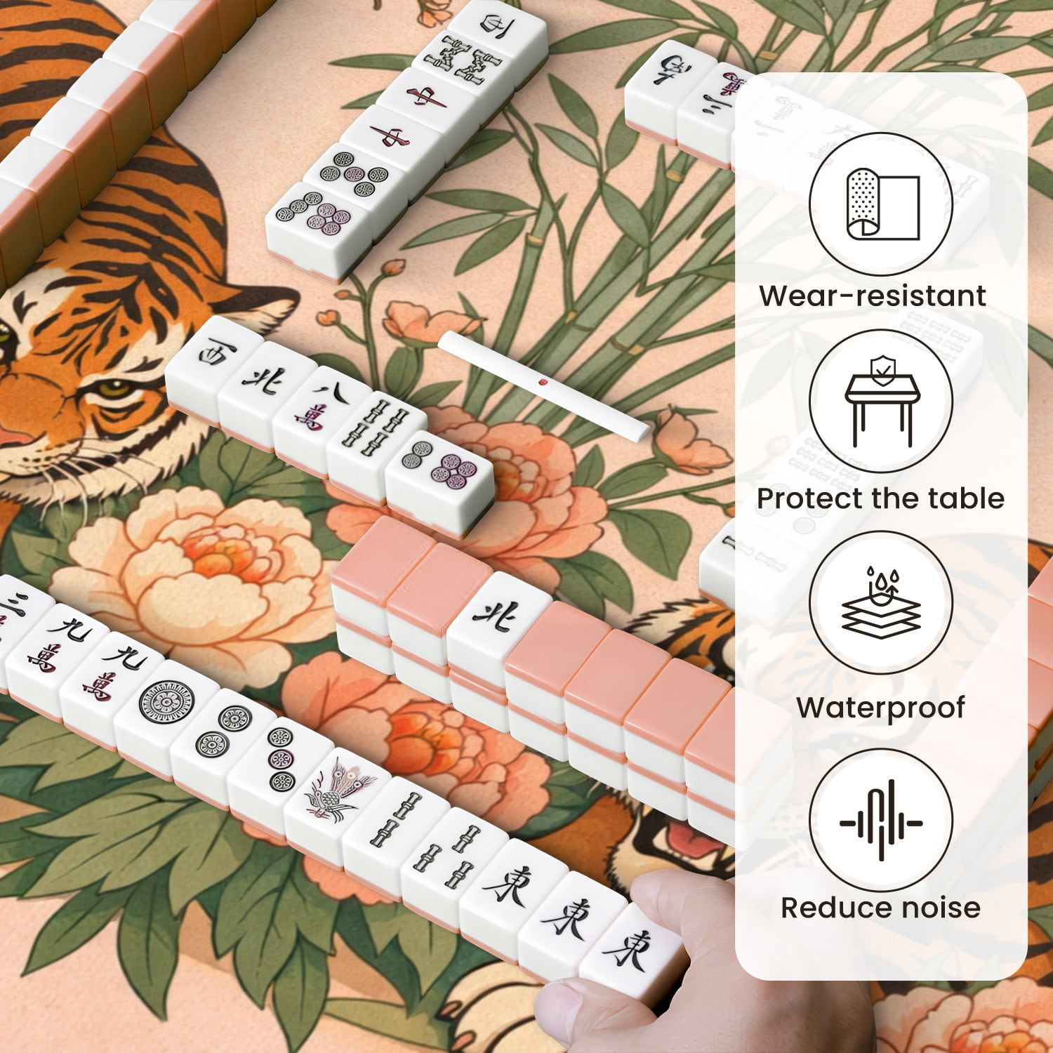 Mahjong Mat 31.5" x 31.5" Dynamic Tigers Vibrant Peonies Floral Bamboo Non-Slip Noise Reduction Mahjong Tiles Table Cover for Dominoes Poker Card Board and Tile Games