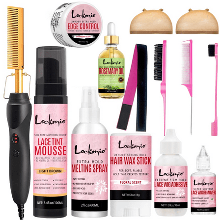 LOCKMIO Light Brown Electric Hot Comb Hair Straightening Brush Set, Adjustable Temperature Settings, Fast Heating for Wigs & Black Hair, Professional Anti-Scald, Auto-Shut Off, 14Pcs Hair Styling