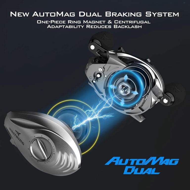 baitcast reels with auto-adjustment magnetic braking system KastKing MegaJaws Baitcasting Fishing Reel, New AutoMag Dual Braking System  Baitcaster Fishing Reel, Only 6.7oz, 17.64 LBs Carbon Fiber Drag, 11+1  Shielded BB, High Speed 5.4:1 Gear Ratios