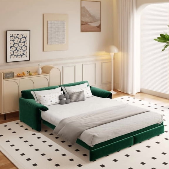 66" Queen Pull Out Sofa Bed, 3-in-1 Convertible Sleeper Sofa with Side Storage,Multi-Functional Velvet Loveseat Bed for Living Room,Bedroom,Apartmen, Green