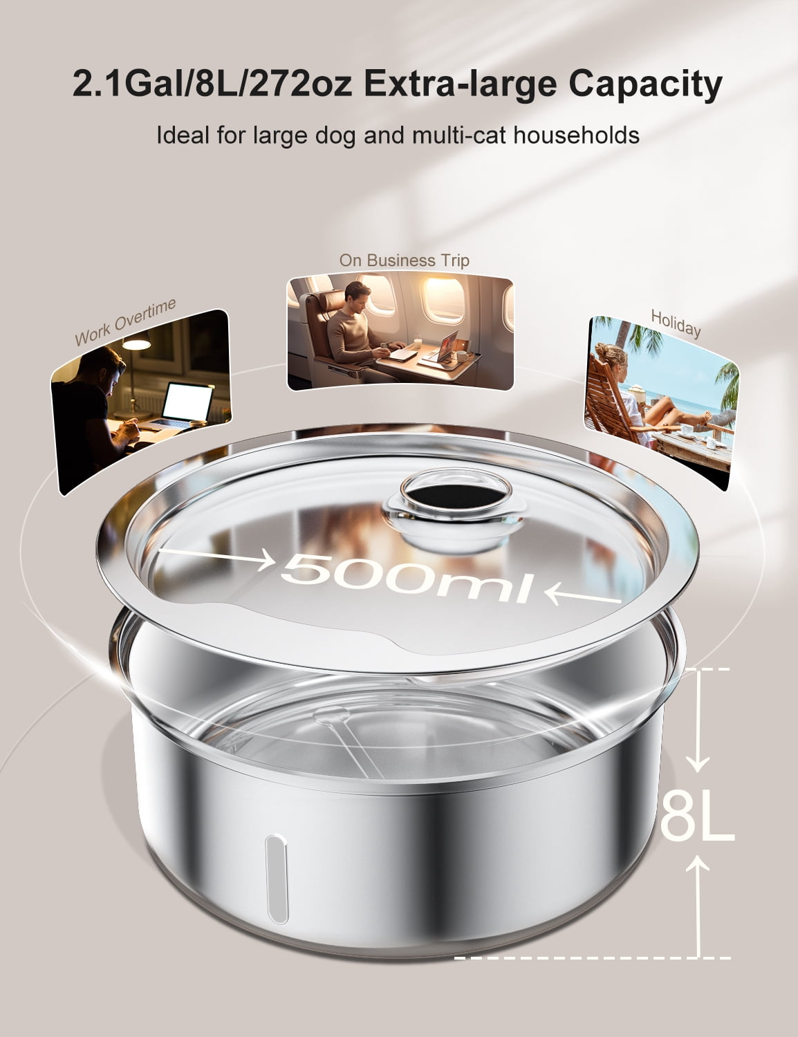 Dog Water Fountain, 8L Stainless Steel Dog Water Fountain for Large Dogs, Dog Water Bowl Dispenser, Super Quiet Pump and Replacement Filters for Cats and Dogs