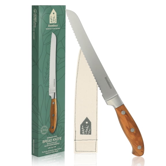 Bloomhouse 8 Inch German Steel Bread Knife W/Italian Olive Wood Forged Handle
