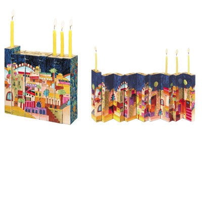 Yair Emanuel Judaica Hand Painted Wood Accordian Candle Menorah Jerusalem