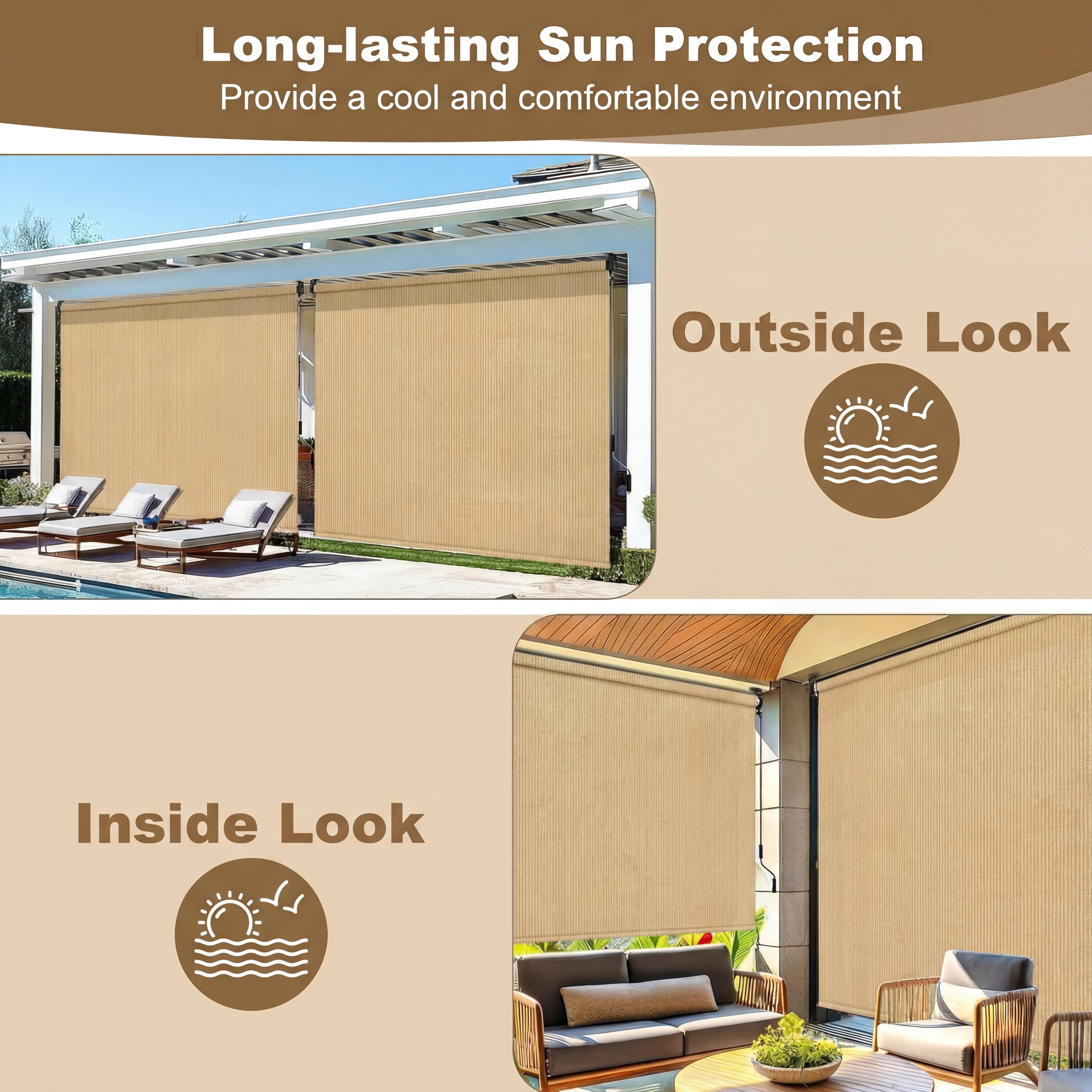 LIFERUN Outdoor Roller Sun Shade 6'W x 6'H, HDPE Shade Cloth & Aluminum Tube, Easy Install for Outdoor Pergola, Porch, and Garden (Sesame)