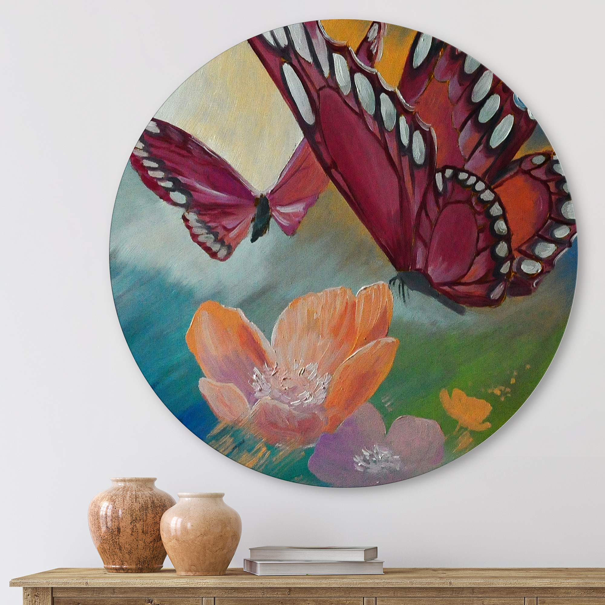 Designart 'Butterflies On Pink Flowers' Traditional Circle Metal Wall Art 11x11 - Disc of 11