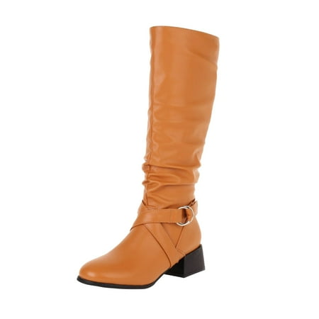 

Qufokar Fuzzy Snow Boots for Women Cowboy Boots Women Wide Calf Size 12 High Boots Winter Autumn And Winter Women Boots Western Jeans Boots Thick Heel Round Head Belt Buckle High Leg Boots Warm Cotto