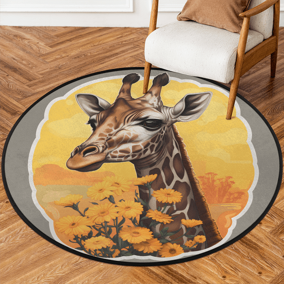 CURLYOOT Round Rug 3ft Giraffe Funny Area Rug, Washable Circle Mat Non Slip Floor Carpet Mat, Soft Indoor Rugs for Entryway Living Room Dining Room Bedroom