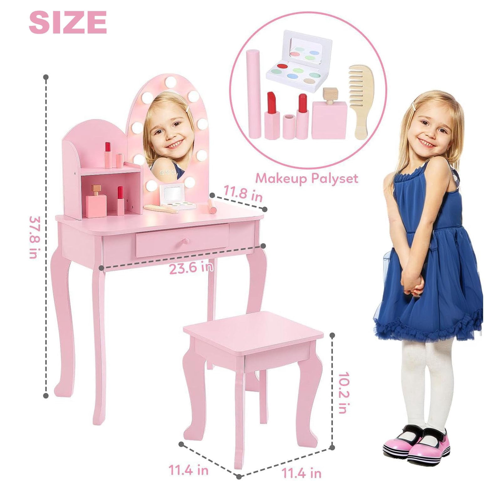 Kids Vanity Desk with Mirror Lights – Princess Makeup Dressing Table for Girls with Storage & Stool