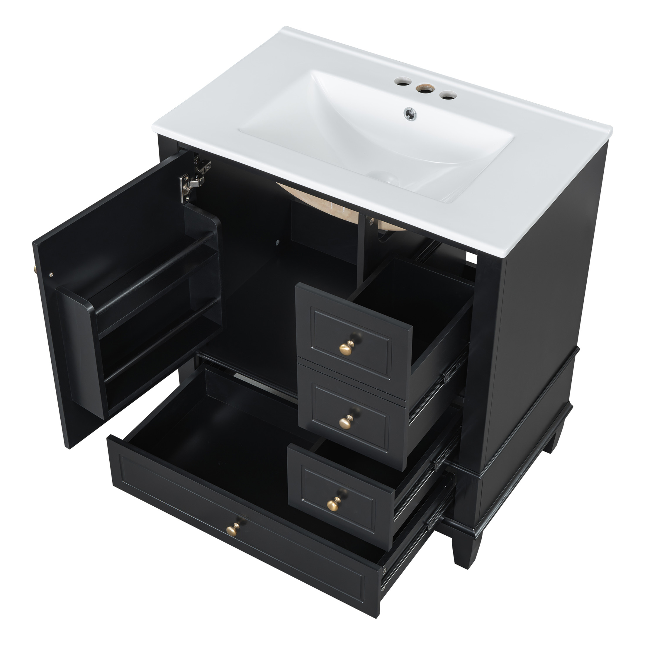 Christopher Knight Home 30" Bathroom Vanity with Ceramic Sink, Soft-Close Door and 3 Drawers, Black