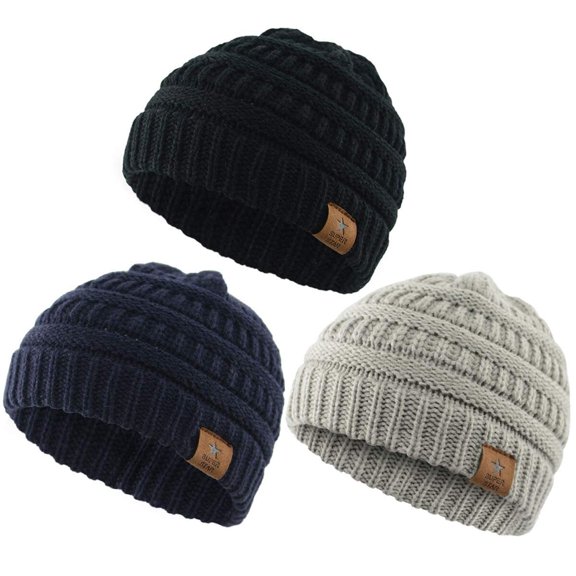 Kids Baby Winter Hat Warm Cozy Infant Toddler Beanie for Boys Girls Chunky Baby Beanies 3 Pack Black & Light Grey & Navy Blue 6-36 Months