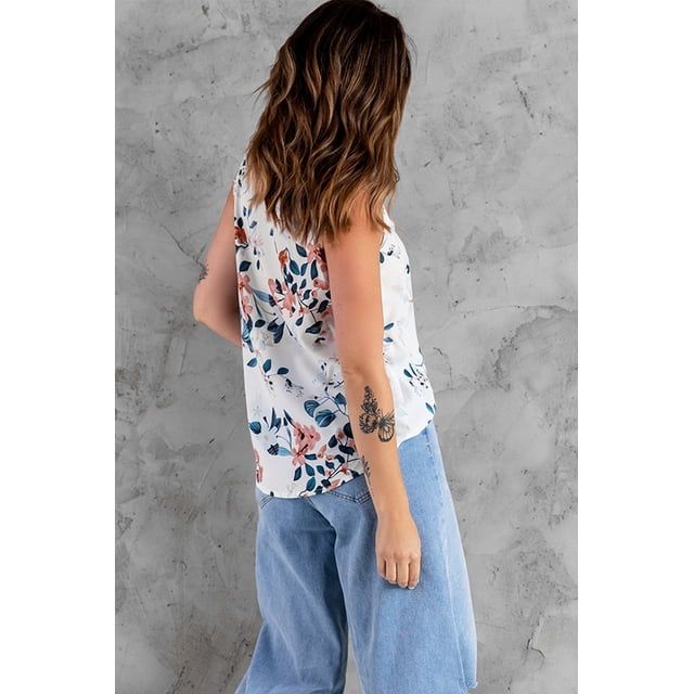 ABPHQTO Camiseta sin mangas floral con cuello en V y ribete de pestañas para mujer