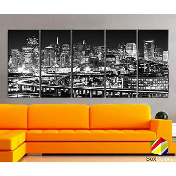 Original by BoxColors XLARGE 30"x 70" 5 Panels 30"x14" Ea Art Canvas Print beautiful San francisco CA Skyline night Black & White Wall Home Office decor interior (framed 1.5" depth)