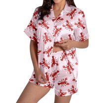 Women Pajamas Shorts Sets Printed Crayfish Pattern Stripe PJs V Neck 2 Piece Button Down Shirt Shorts Set Sleepwear