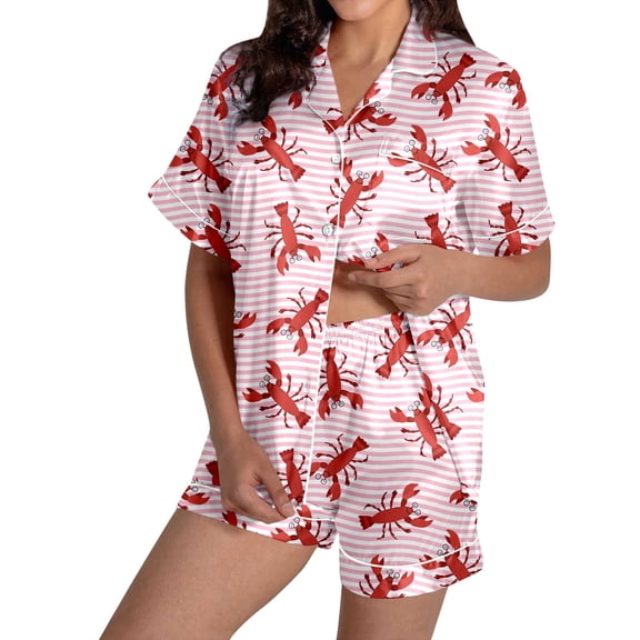 VNKIDY Womens Two Piece Satin Pajama Set Striped Lobster Print Short Sleeve Collared Button Down Top Matching Loose Fit Shorts Comfortable Loungewear For Home Relaxation Pink S