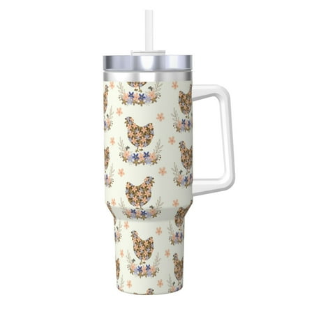 

Zeuib Flower Chicken Printed Insulated Stainless Steel Hot/Cold Coffee Cup 40oz Ice Bully With Handle Tumbler with Straw and Handle Insulated Water Bottle Travel Mug Cup