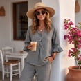 thumbnail image 4 of Women's 2 Piece Linen Matching Set V Neck Ruffle 3/4 Sleeve Button Down Gingham Plaid Top Wide Leg Pants Casual Outfit, L, 4 of 7