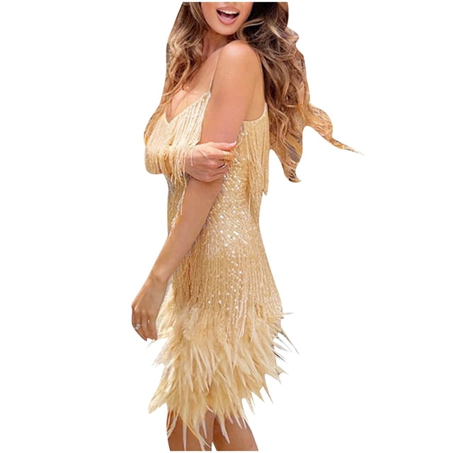 TIMIFIS Robe pour Femme Bretelles Spaghetti Franges à Paillettes Robe Charleston Fête Tenue de Danse Nuit Robe Courte Automne