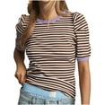 thumbnail image 2 of GaThRRgYP Womens Summer Tops,Women Summer Striped T Shirt Short Sleeve Puff Sleeve Crewneck Blouse Casual Klim Color Block Trendy Crewneck Striped Shirts Tops Brown XL, 2 of 8