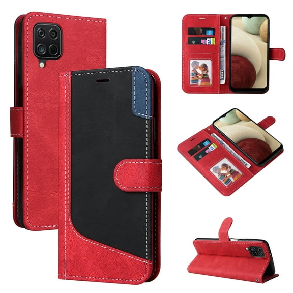 Wallet Case for Samsung Galaxy A12 5G, Buisiness Luxury PU Leather Credit Card Slots Holder Kickstand Magnetic Clasp Phone Cover with Soft Silicone Inner Shockproof Drop Resistant Case,Red