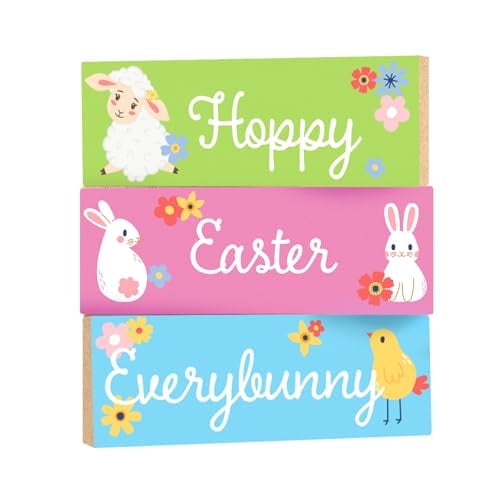 Hoppy Easter Everybunny Wooden Block Sign Set - 3pc Easter Tiered Tray Decor, Spring Tabletop Decorations, Bunny & Chick Signs for Mantel, Shelf, Home Accents