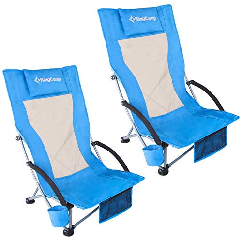KingCamp 2-Pack High Back Low Seat Beach Chairs,Foldable Portable Lightweight Oversize Beach Chair for Adults with Full Back,Pillow,Cup Holder for Outdoor Sand Camping Lawn Concert Travel Festival