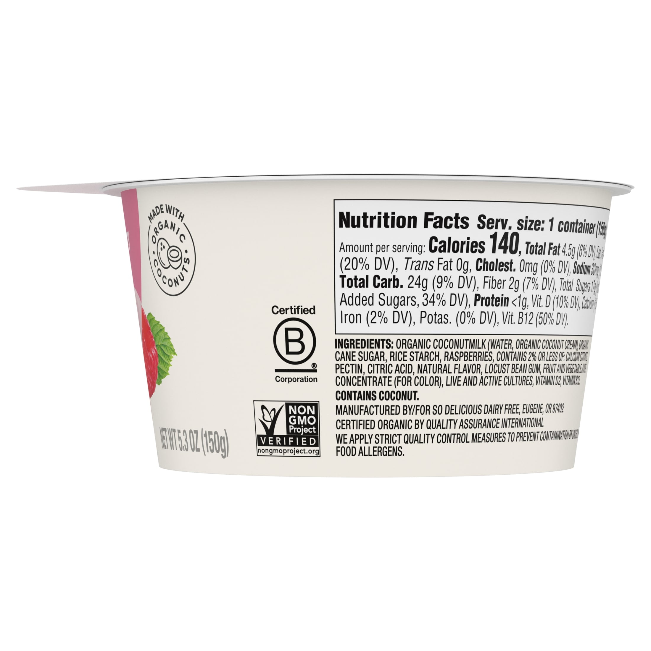 So Delicious Vegan, Dairy Free Raspberry Coconut Yogurt Alternative, 5.3 oz Container