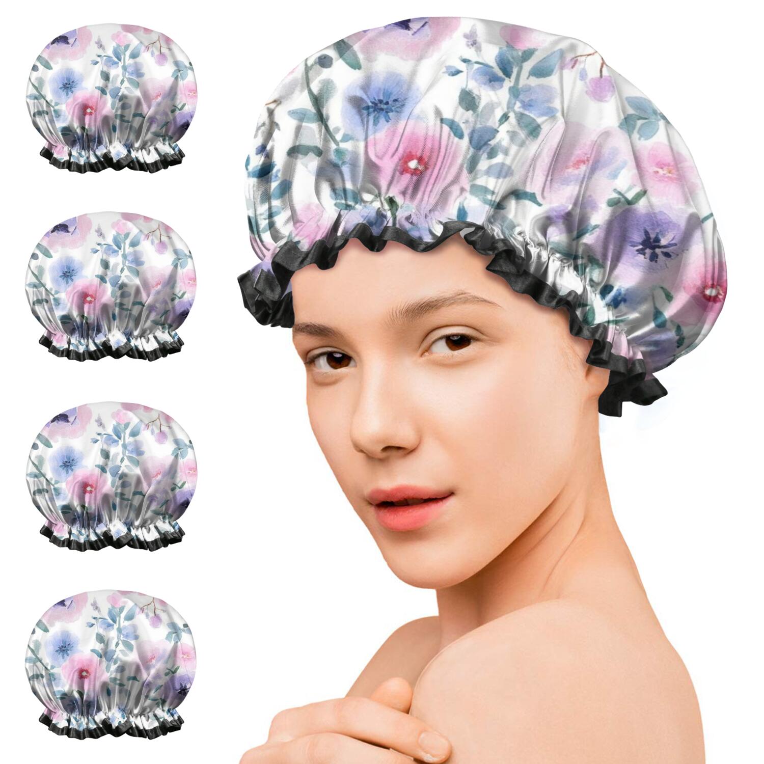 Shower Caps,Pioneer Flower Floral Print Pattern Waterproof Shower Cap for Women 4 Pieces,Double Reusable Hair Cover for Shower PEVA Elastic Stretch Hem