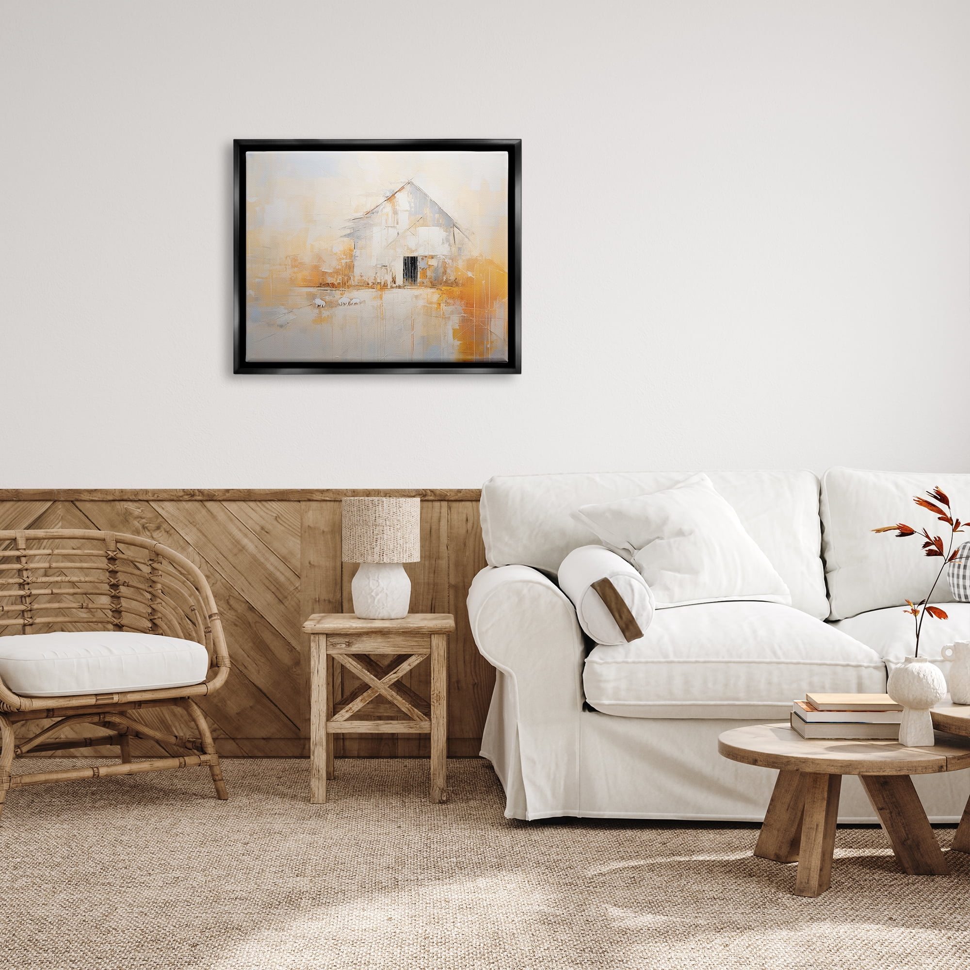 Stupell Industries White Abstract Barn Painting Abstract Painting Black Floater Framed Canvas Art Print Wall Art, 31 x 25