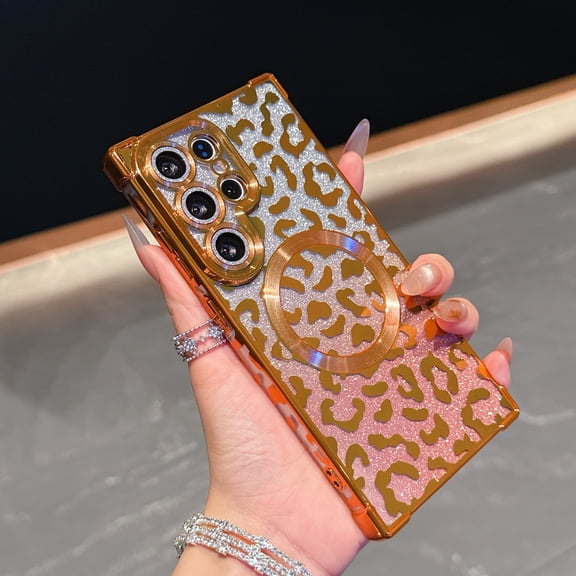 TECH CIRCLE for Samsung Galaxy S26 Ultra Flexible TPU Clear Case Compatible with MagSafe Luxury Electroplate Leopard Glitter Design Slim Shockproof Protective Cover for Women Girls,Orange