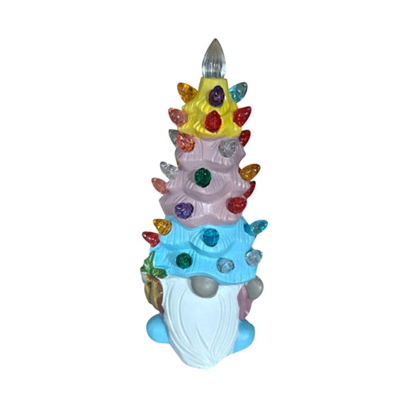 Ceramic Gnome Figurine with Multicolored Lighted Tree Hat Handcrafted Tabletop Ornament for Home Holiday Decoration