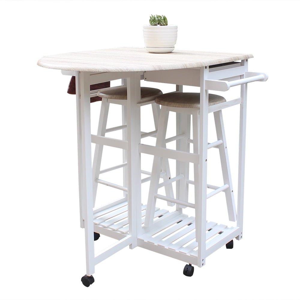 Kepooman Semicircle Folding Dining Cart With Round Stools, Solid Wood Serving Cart, White Kepooman Semicircle Folding Dining Cart With Round Stools, Solid Wood Serving Cart, White
