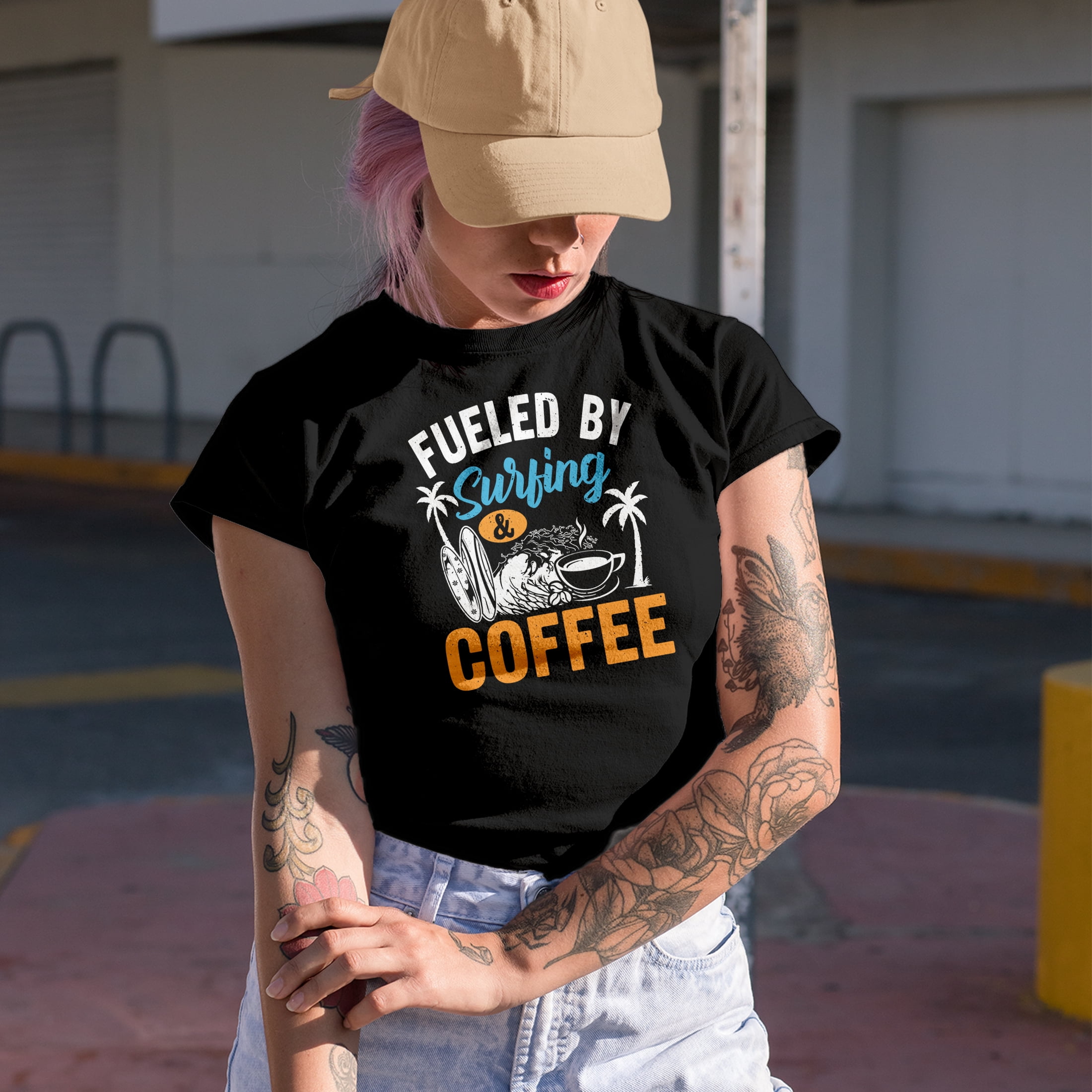 Fueled by Surfing & Coffee, Surfer, Black T-Shirt, Medium