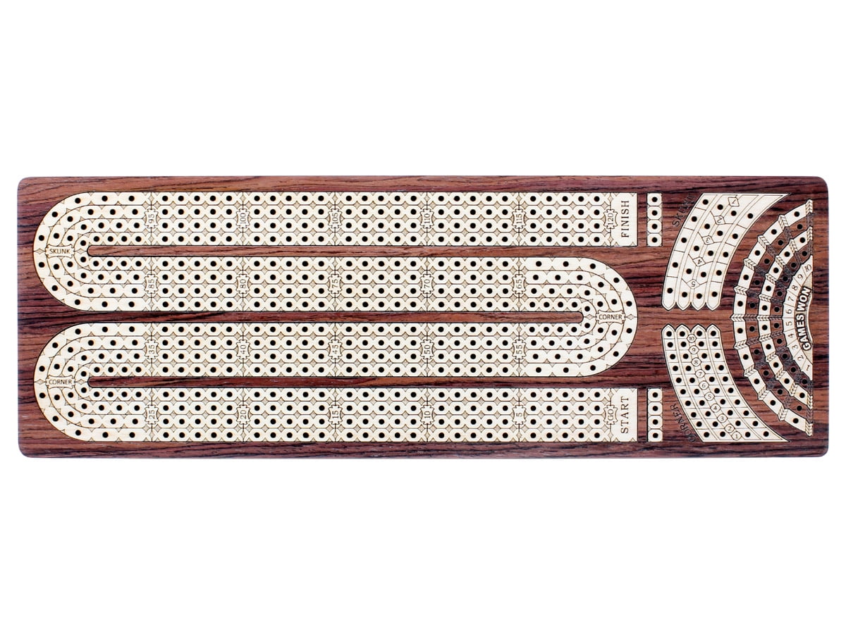 House of Cribbage - Continuous Cribbage Board / Box Inlaid Rosewood / Maple : 4 Track - Side Drawers with Score Marking Fields for Skunks, Corners and Won Games